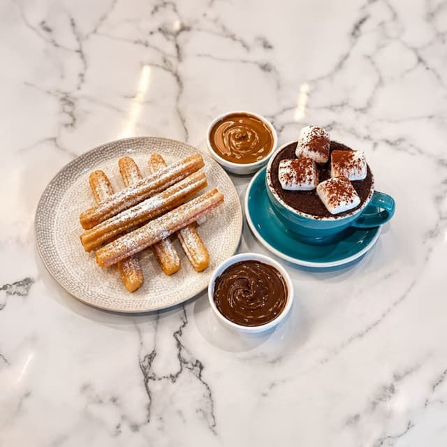 1 Chocolate + 6 churros - Seis churros acompañados de un chocolate caliente y cremoso. en Le Grenier