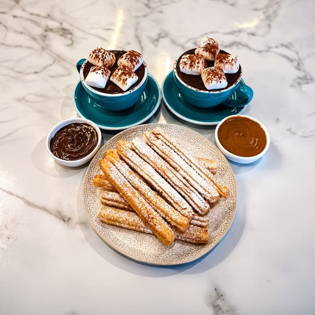 2 Chocolates + 12 churros - Doce churros con dos chocolates calientes para compartir. en Le Grenier
